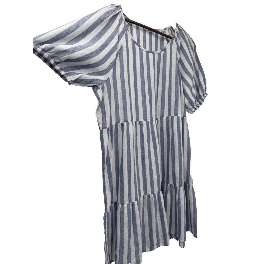 Striped Blue & White Tiered linen cotton dress puff sleeve beach cottage coastal